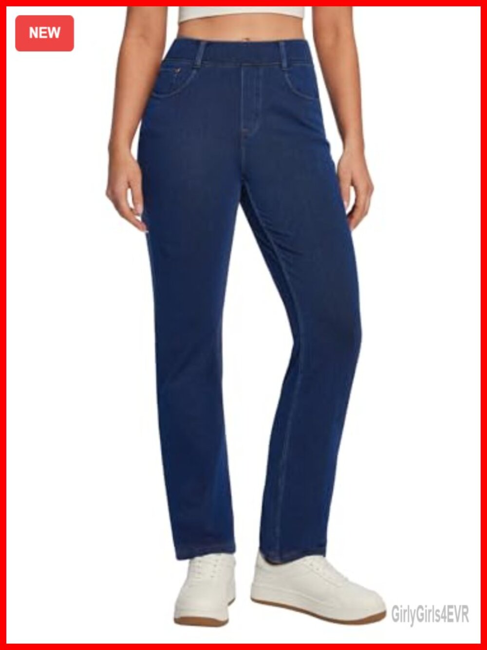 Stretchy Pull On Straight Leg Jeans High Waisted Elastic Waist Denim Pants